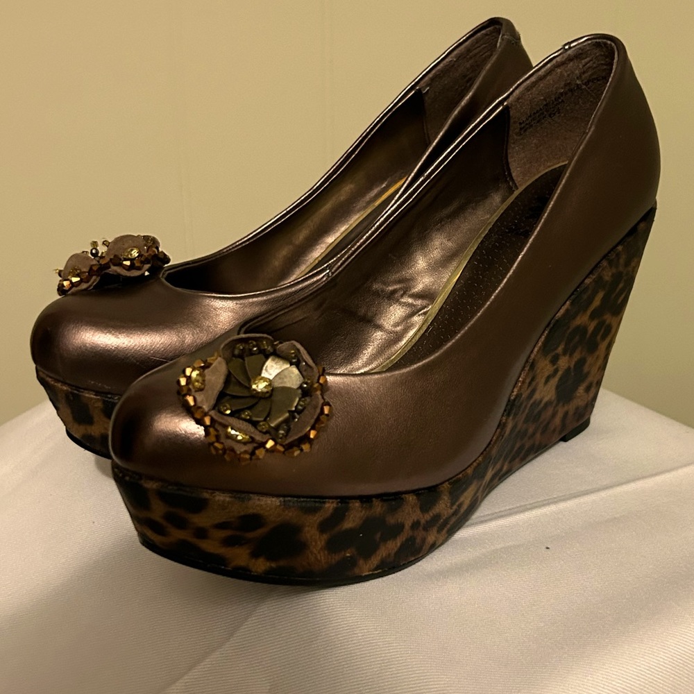 Copper and Leopard Print,Yellow Box, High Heels,Size 6.5